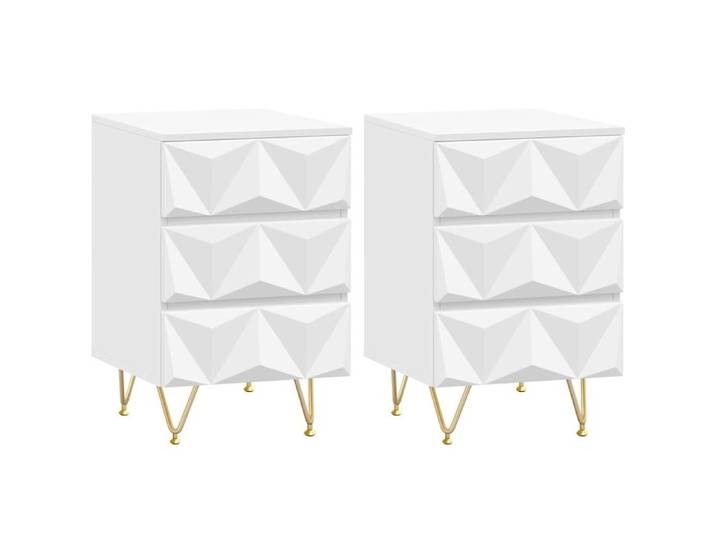 Chevet EUGAD Lot de 2 3 Tiroirs à Effet 3D Table de Nuit Moderne MDF et Métal Blanc+Doré E0EG0059-2