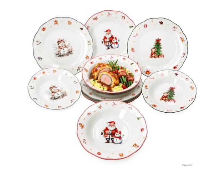 MamboCat 12tlg Tafelservice Navidad Speiseteller Suppenteller Weihnachten Porzellan, Essteller und tiefe Teller, für sechs Personen, Weihnachtsdekor, Hauptgerichte, Suppen, Pasta, Salate,