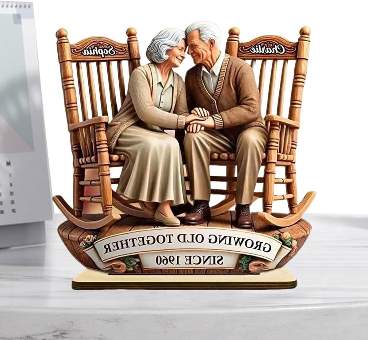 Houten Paar Beeldje Samen Groeien Sculptuur voor Woonkamer Decoratie - Natuurlijk Hout - B/D/H: 15 x 10 x 0,5 cm