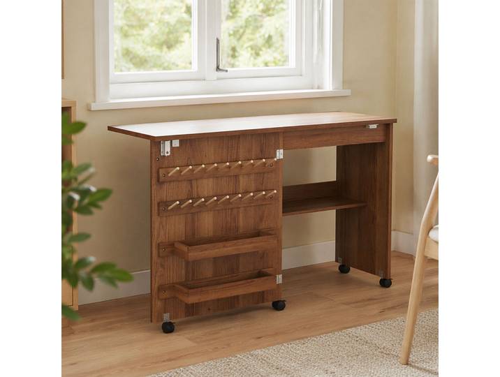 HOMCOM Table Couture Pliante Roulante 2 Bacs 18 Chevilles Marron
