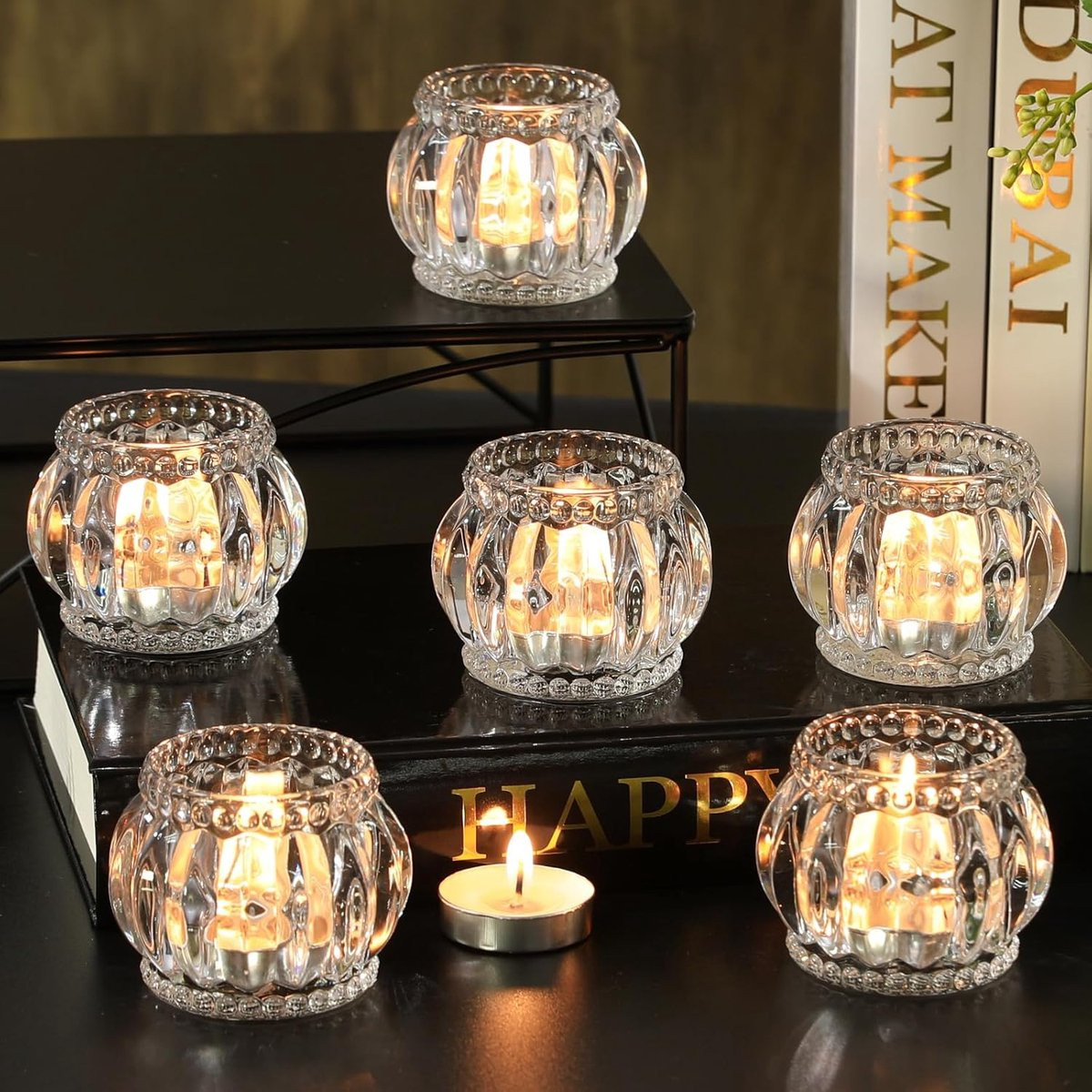 Set van 6 Vintage Geribbelde Glazen Theelichthouders