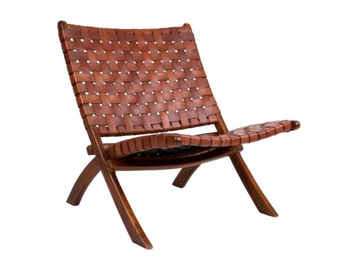 Fauteuil pliant Perugia en cuir tressé cognac avec pieds en teck - Réf. VK8681847493808