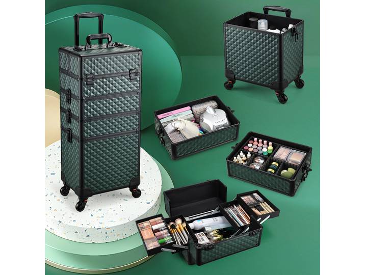 Mallette de cosmétologie roulante, étui de Train de maquillage sur roulettes, boîte à cosmétiques 4 en 1, étui de voyage de maquillage avec rangement de clés, chariot de voyage