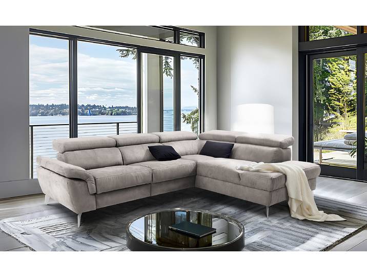 Ecksofa mit Ottomane Grau Microfaser Canay 265 x 73 x 210cm Ottomane davorstehend rechts Kopfstütze verstellbar/Armlehne