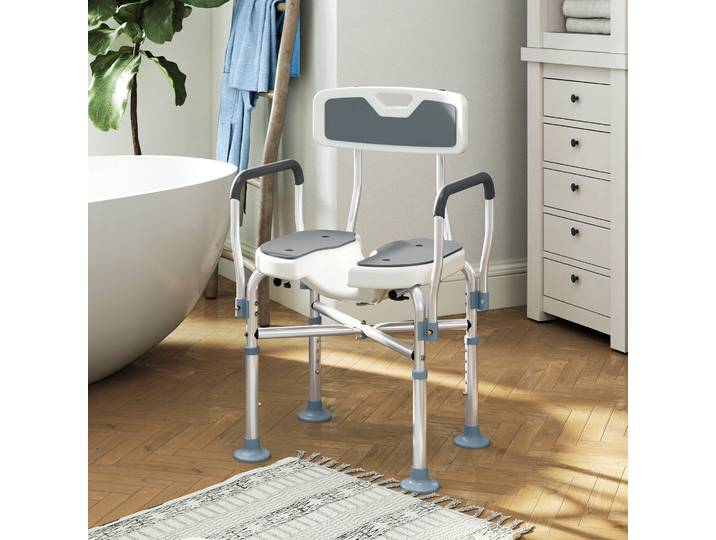 HOMCOM Chaise de Douche Hauteur Réglable Dossier Accoudoirs Gris