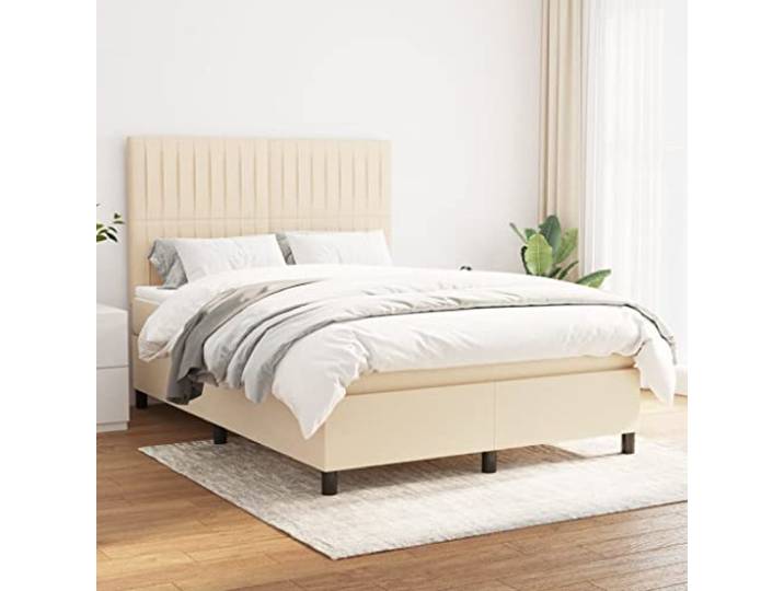 RJPLMFV Bettgestell, 140 x 200 cm, Stoff, cremefarben Verstellbarer Kopf, Matratze mit Taschenfedern, Rückenstütze, mittlere Festigkeit