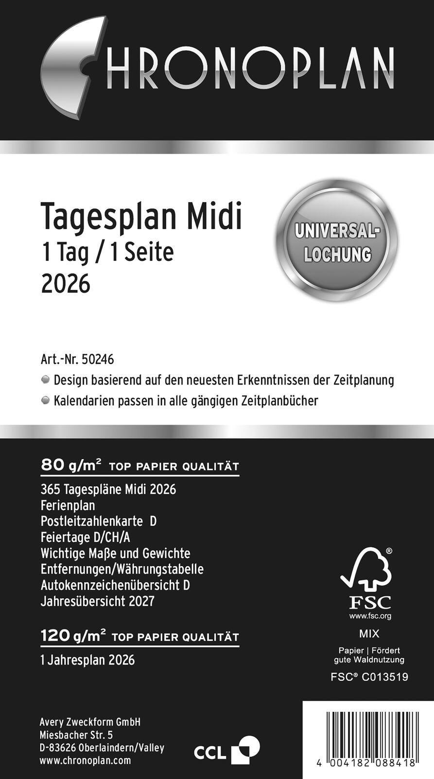 CHRONOPLAN Kalendereinlage Tagesplan Midi 2026 50246