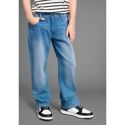Loose-fit-Jeans KANGAROOS "Jeans mit weitem Bein und KangaROOS Stickerei", Jungen, Gr. 164, N-Gr, blau (blau stone washed), Denim/Jeans, Obermaterial: 98% Baumwolle, 2% Elasthan, bestickt, loose fit, Jeans, Loose-fit Stretchjeans mit Logo-Stickerei