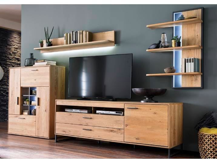 Wohnwand Anbauwand Portland , Asteiche Bianco massiv , 4-teilig , LED Beleuchtung 7