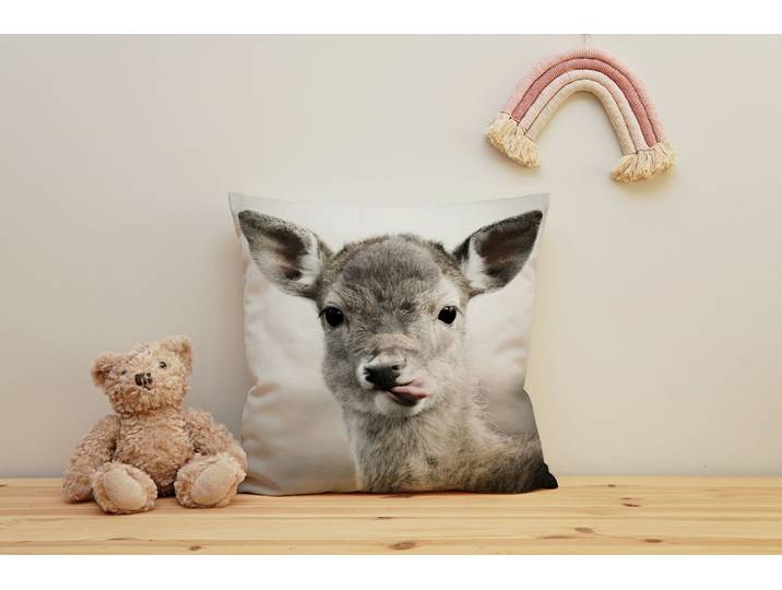 Dekokissen QUEENCE Rehkitz , braun (braun, bedruckt), B:40cm H:1cm L:40cm, Polyester, Dekokissen_Sitzkissen_Kissenhüllen, Dekokissen, Kissenhülle mit HD Premium Druck, geruchsneutral, 40x40cm