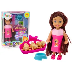 Mini-Puppe mit langem Haar, Kleid, Bett für drei Hunde