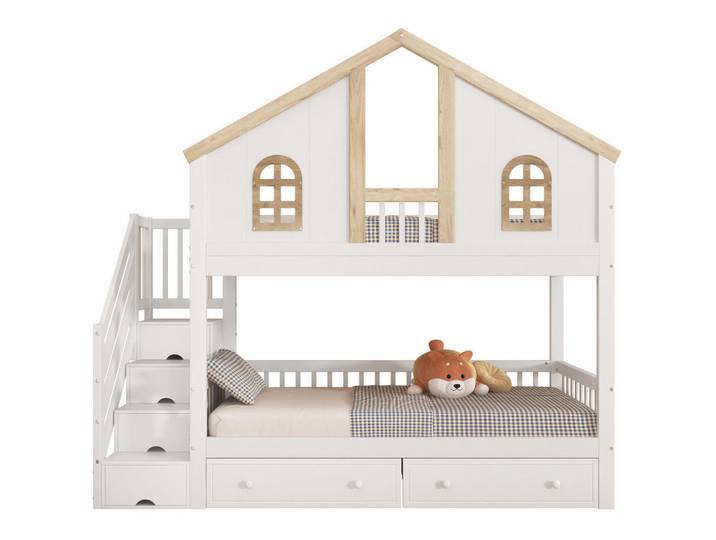 Okwish Etagenbett 90/200 cm Weiß+Natur mit Stauraumtreppe und zwei Rollen-Schubladen, 90x200 cm, Babymöbel & Kindermöbel, Kinderzimmer & Jugendzimmer, Stockbetten