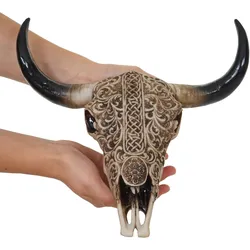 Deko Schädel 31cm MCW-C15, Polyresin Stier Bulle Longhorn Kopf Trophäe mit Tribal, In-/Outdoor