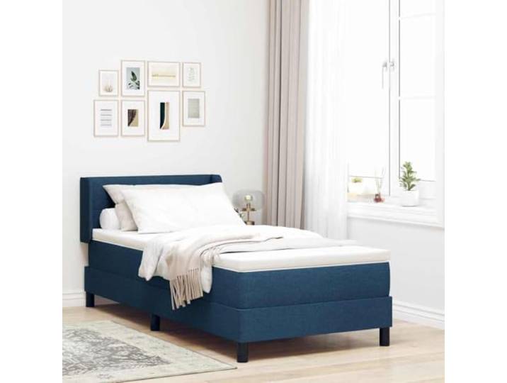 RJPLMFV Boxspringbett, Blau, 200 x 90 cm, mit Kopfteil Polyester und Massivholz, Taschenfederkernmatratze, mittlere Härte, modernes Design