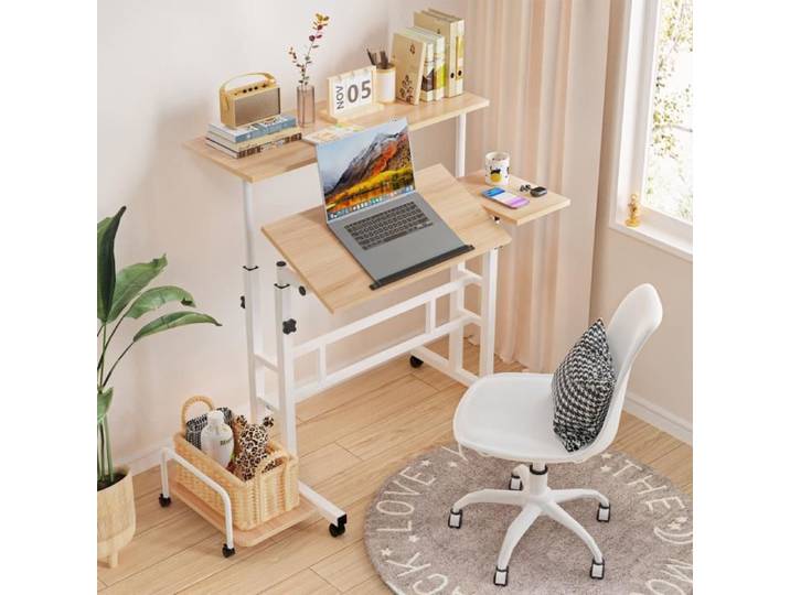 Bureau Assis Debout - VIVOLILV - Réglable en Hauteur - Marron - 80x60cm - Avec Roulettes