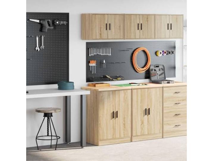 KFPOERTFGD Garagenschränke 2er Set Sonoma-Eiche Holzwerkstoff Robustes Kiefernholz, Flexible Türmontage, Arbeitsplatte für Reparaturen
