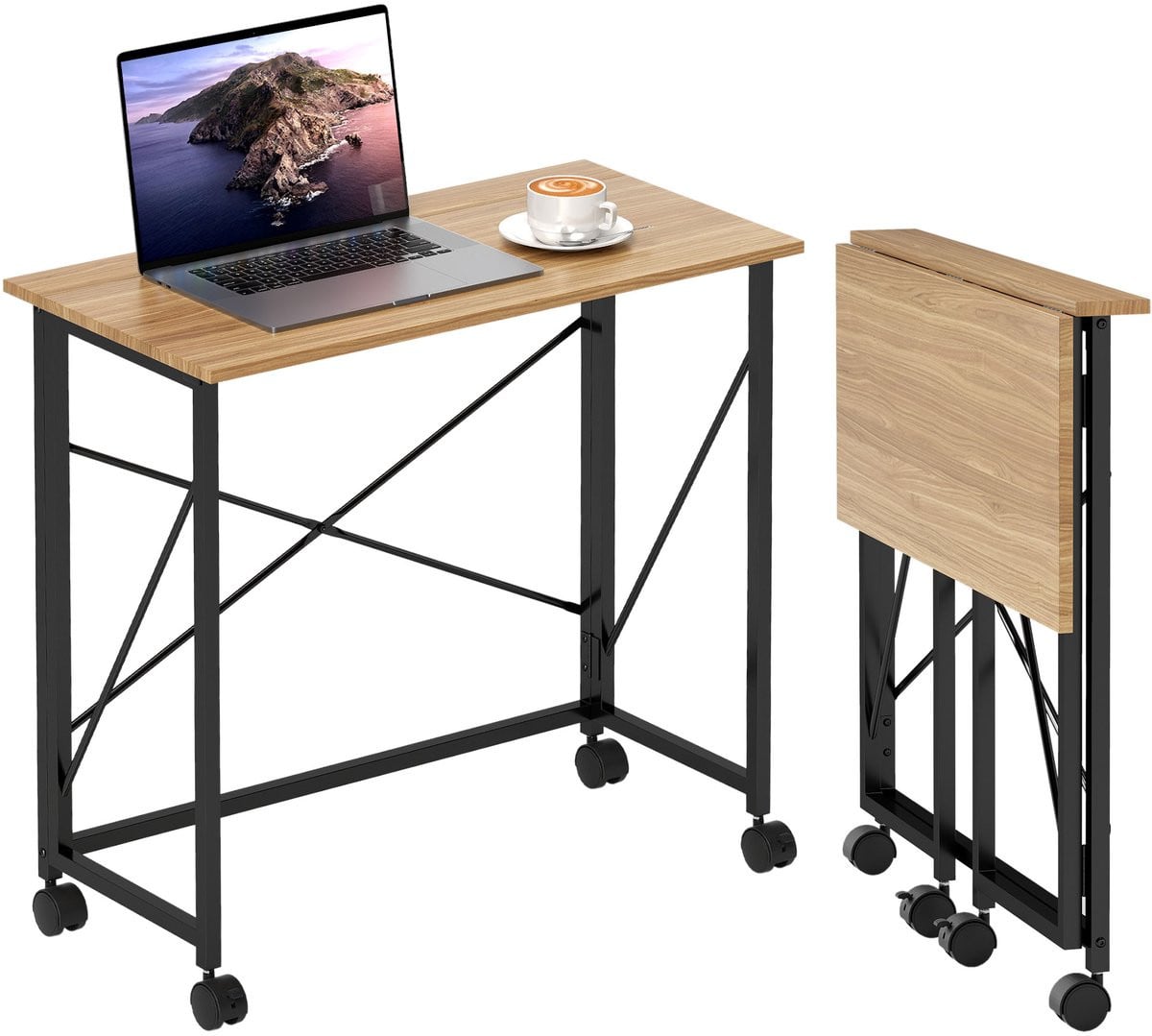 Opklapbaar bureau op wielen met eikenhout look en stalen onderstel