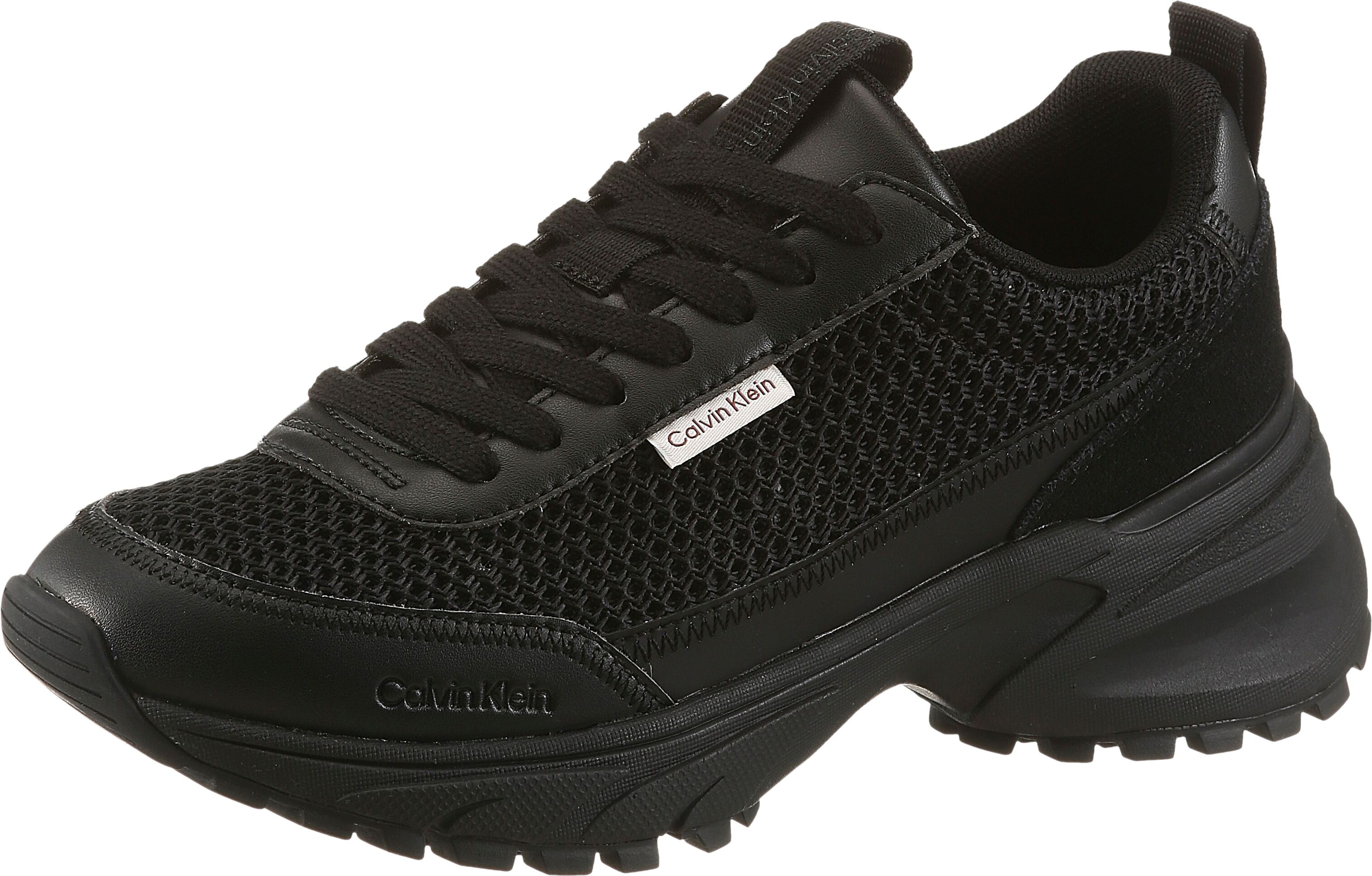Plateausneaker CALVIN KLEIN "HIKE RUNNER LACEUP MESH", Damen, Gr. 41, schwarz, Lederimitat, Textil, Mesh, unifarben, Basic, Schuhe Plateausneaker, Chunky Sneaker, Halbschuh, Freizeitsneaker mit Profilsohle schwarz 41