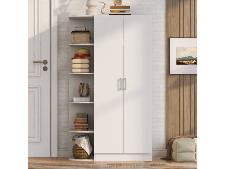 VUENOR Armoire de chambre 2 portes blanche 90 x 55 x 170 cm avec penderie et étagères