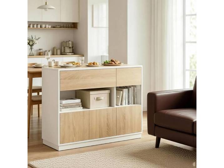 Buffet bas AESVAR 100 cm Blanc et Chêne clair sideboard avec rangement portes et tiroirs