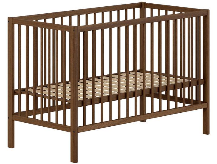 Babybett VIPACK DINO, ideal für Ihr Kinderzimmer, Made in Europe, Buche massiv , braun (buche nussbaum farbig), H:84,4cm L:124,4cm T:64,5cm, Massivholz, Babybetten, Babybett, 60/120cm, Liegehöhe 3-fach höhenverstellbar, Buche Nussbaumfarbig