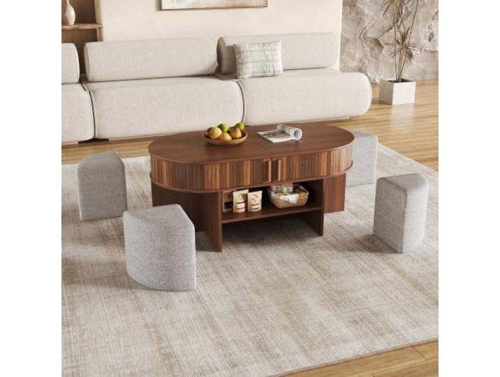 Merax Ovaler Stauraum-Couchtisch 120x60x51,5cm, mit vertikaler Rillenverkleidung, Schiebetüren & Stoffhockern – Holzfarbe
