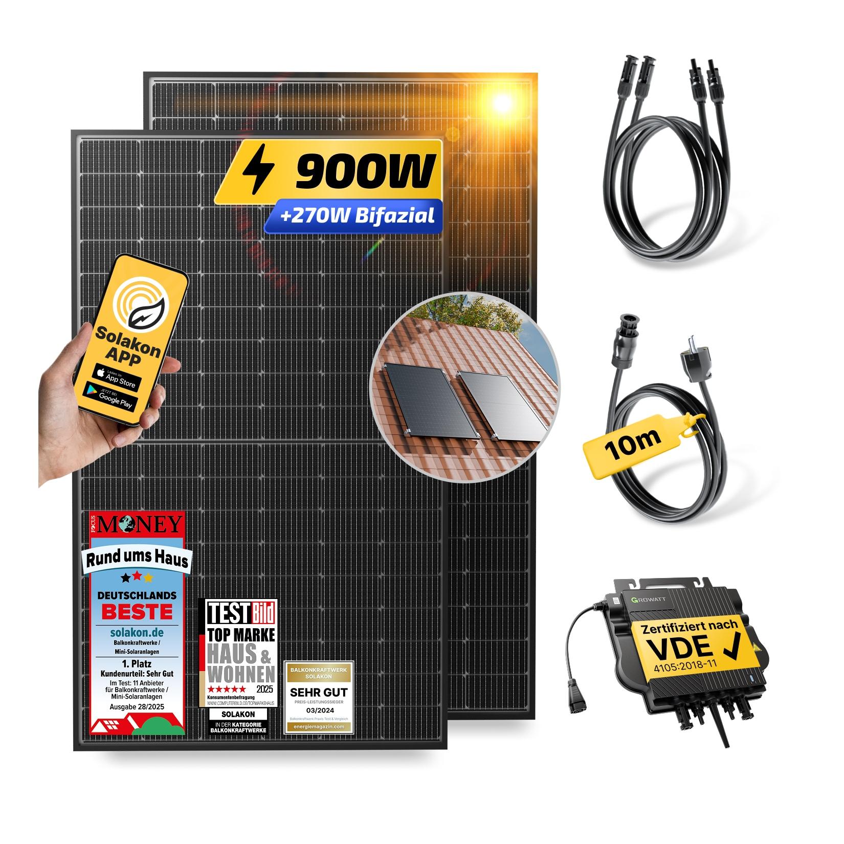 Balkonkraftwerk 900W/800W Solaranlage mit Dach Halterung (Einzelmontage) Halterung Steckerfertig WIFI Komplettset Photovoltaik Anlage 800W, Kabellänge: 10m