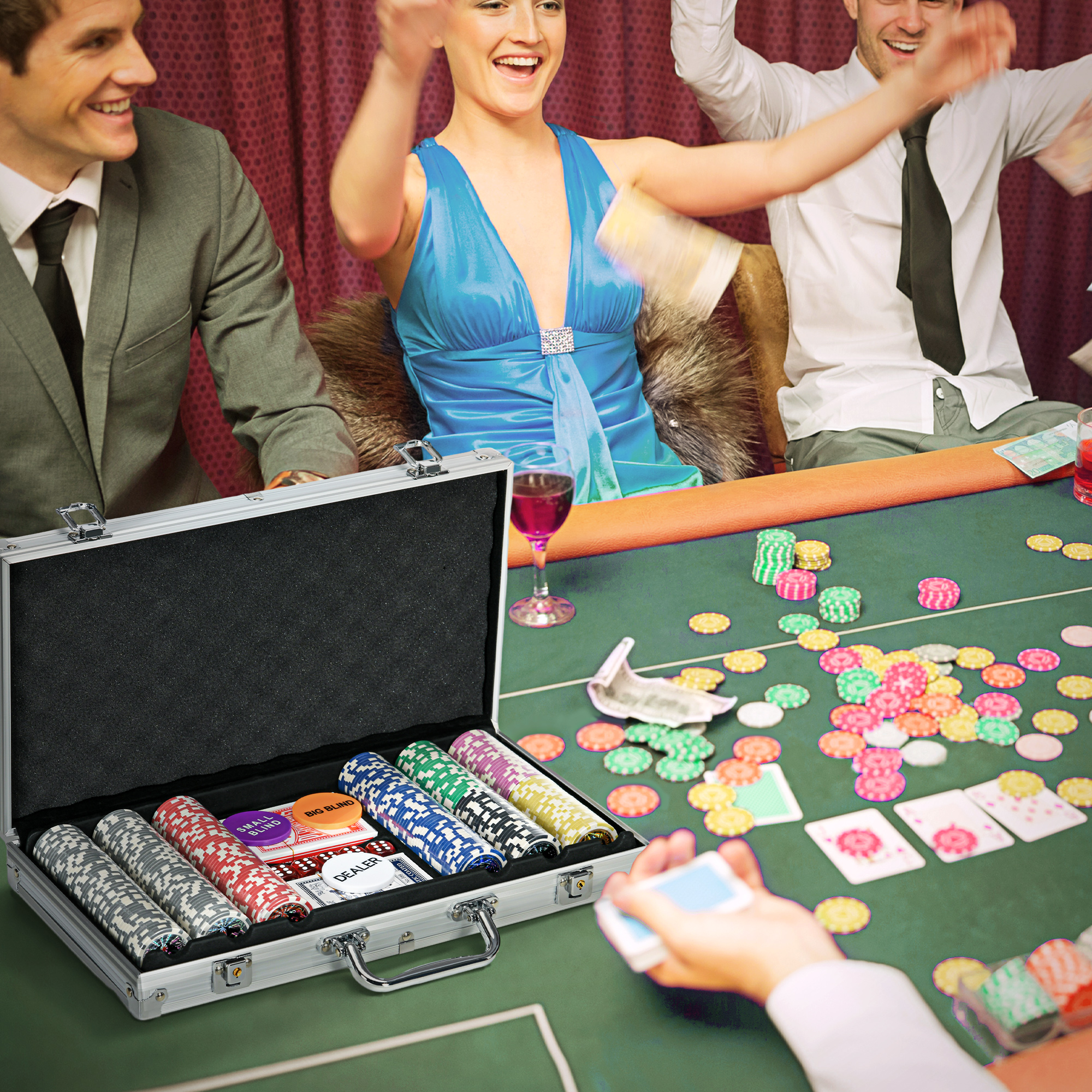 Sportnow Set Poker per 7-8 Giocatori con 300 Fiches, 2 Mazzi di Carte e 5 Dadi, in Alluminio e Poliestere Aosom