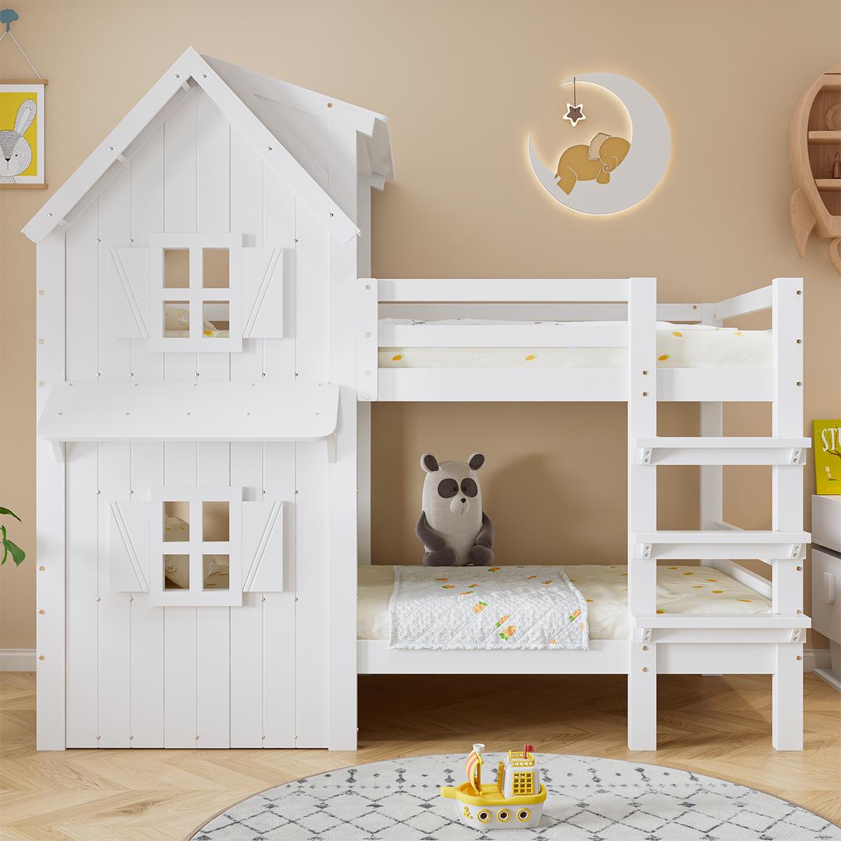 Kinderbett mit Dreistufige Gerade Leiter Fenster und Dach Etagenbett Jugendbett Kinder-Familienbett 90x200cm Weiß