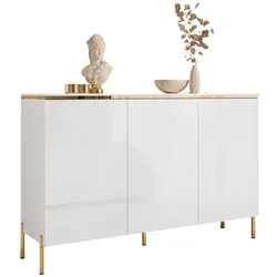 KOMMODE AURORA 3D Weiß / Weiß hochglanz mit gerade Goldchrom Fuße