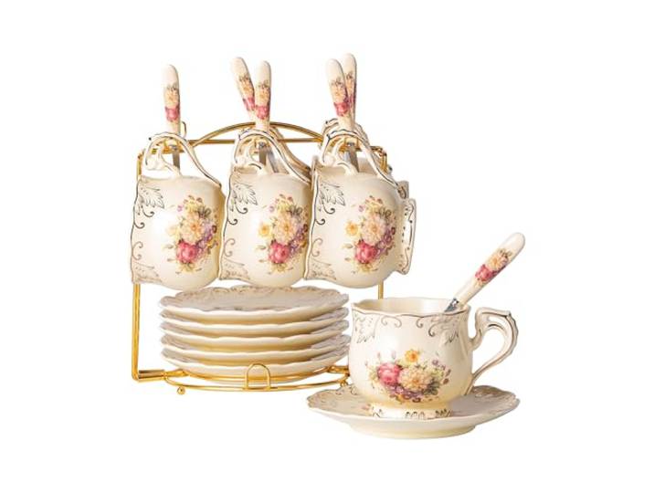 Yolife 6 Stück Teetassen & Untertassen Set, Zahnpasta Floral, 220ml Teetassen, Porzellan, für Tee-Kaffee, Teetassen Set mit Ständer
