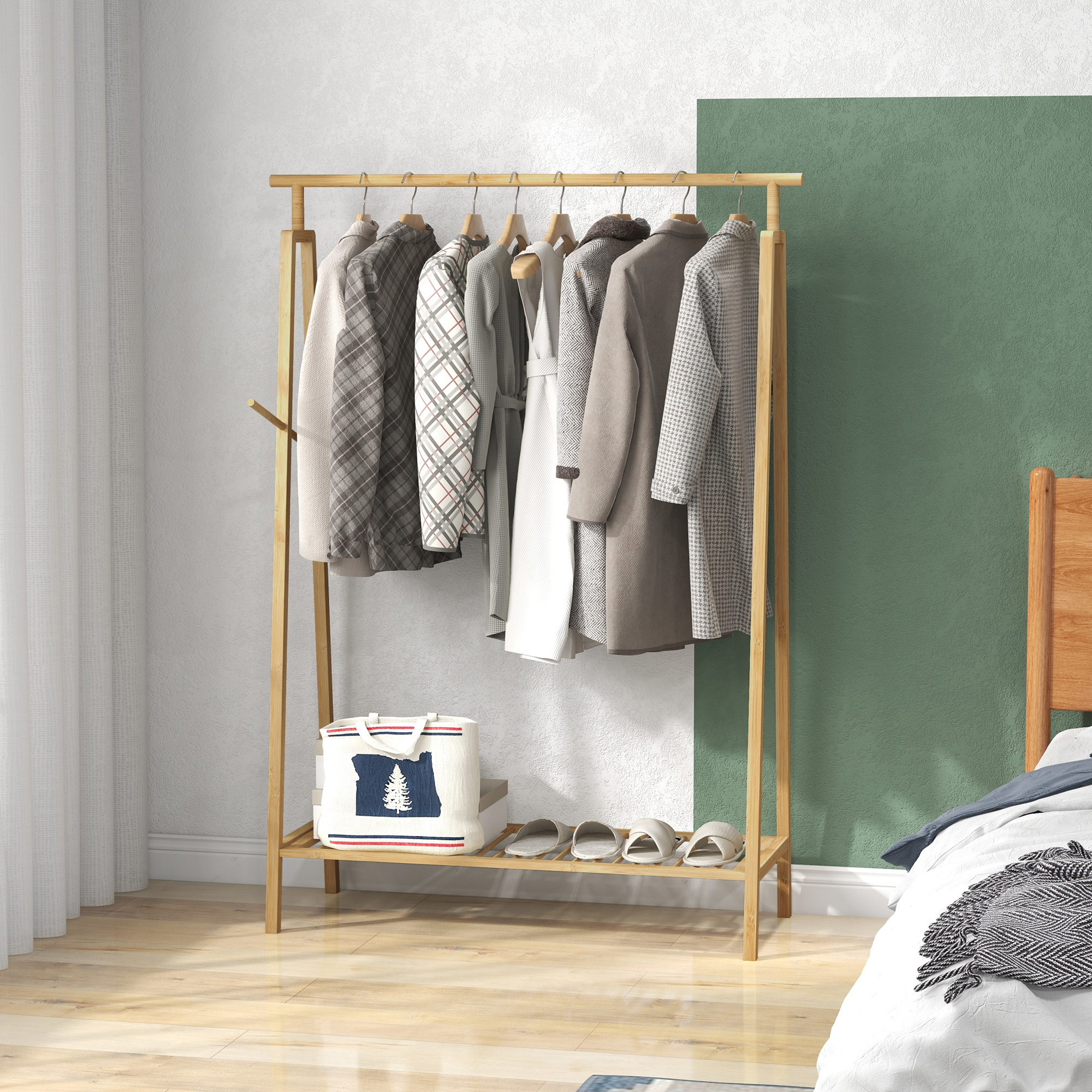 Homcom Appendiabiti a Doghe in Bambù con Gruccia Laterale e Spazio per Scarpe, 110x42x152 cm, color Legno Aosom