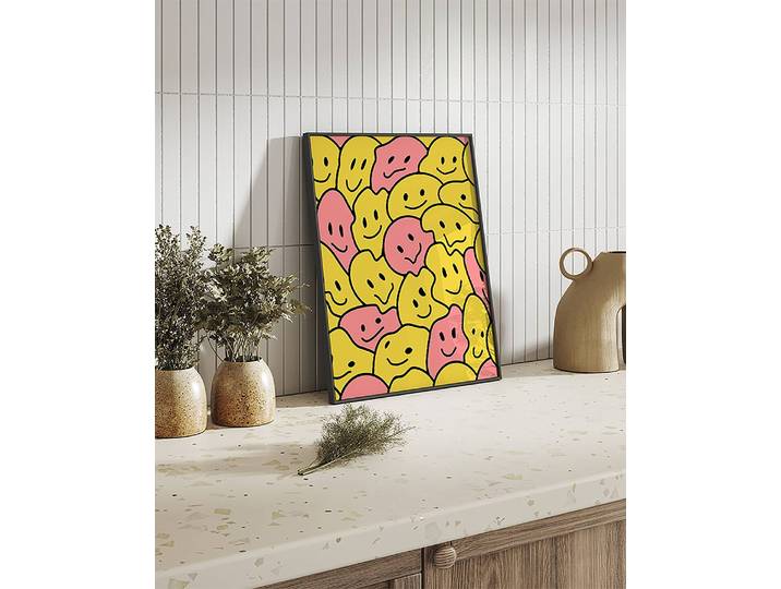 Tableau déco Funny Crazy Smiles Cadre : hêtre massif verni Fixation : plexiglas Multicolore 42 x 52cm