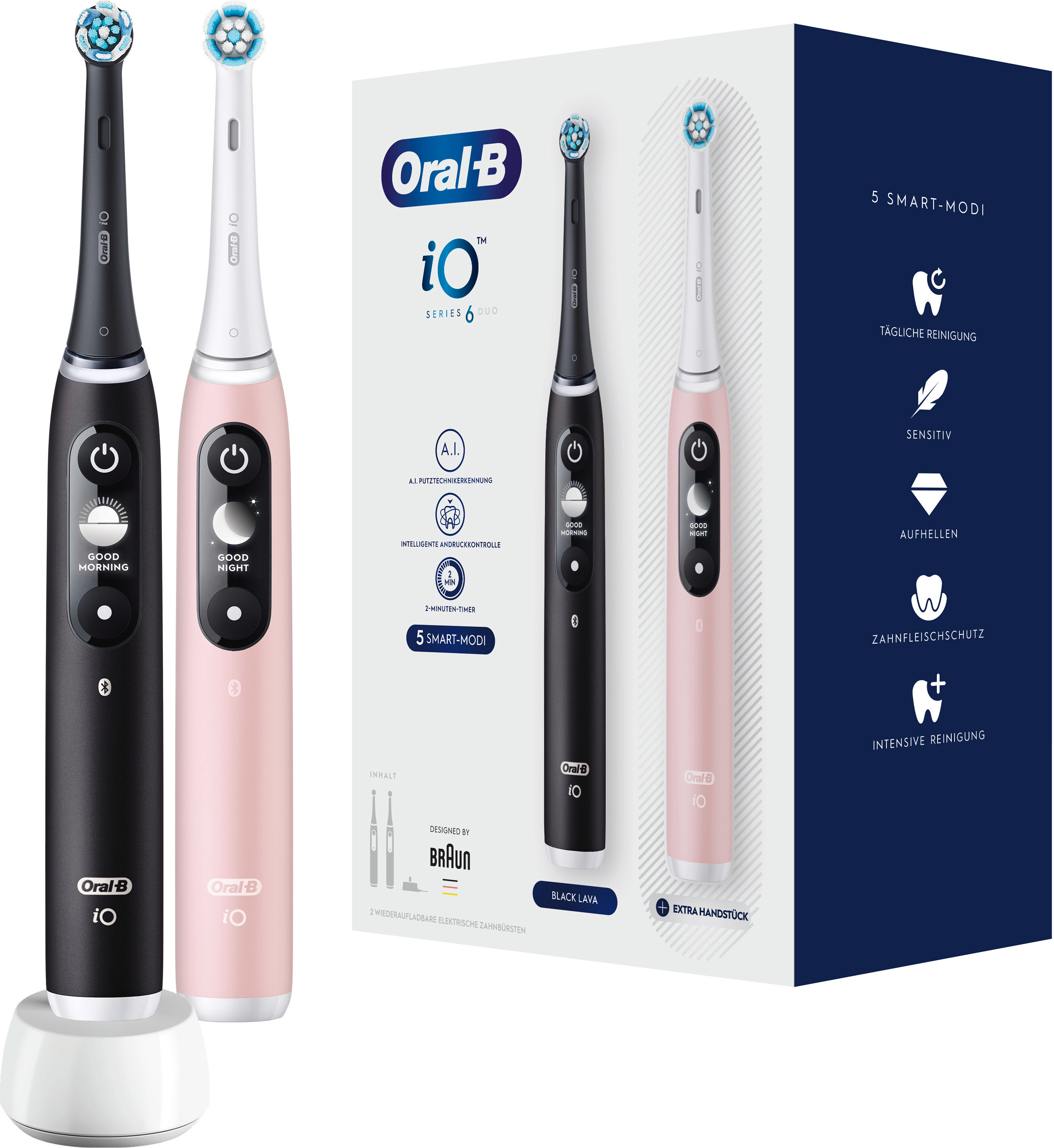 Braun iO Serie 6, Erwachsener, Vibrierende Zahnbürste, Tägliche Pflege, Zahnfleischpflege, Sensibel, Whitening, Schwarz, Pink, Rund, Akku
