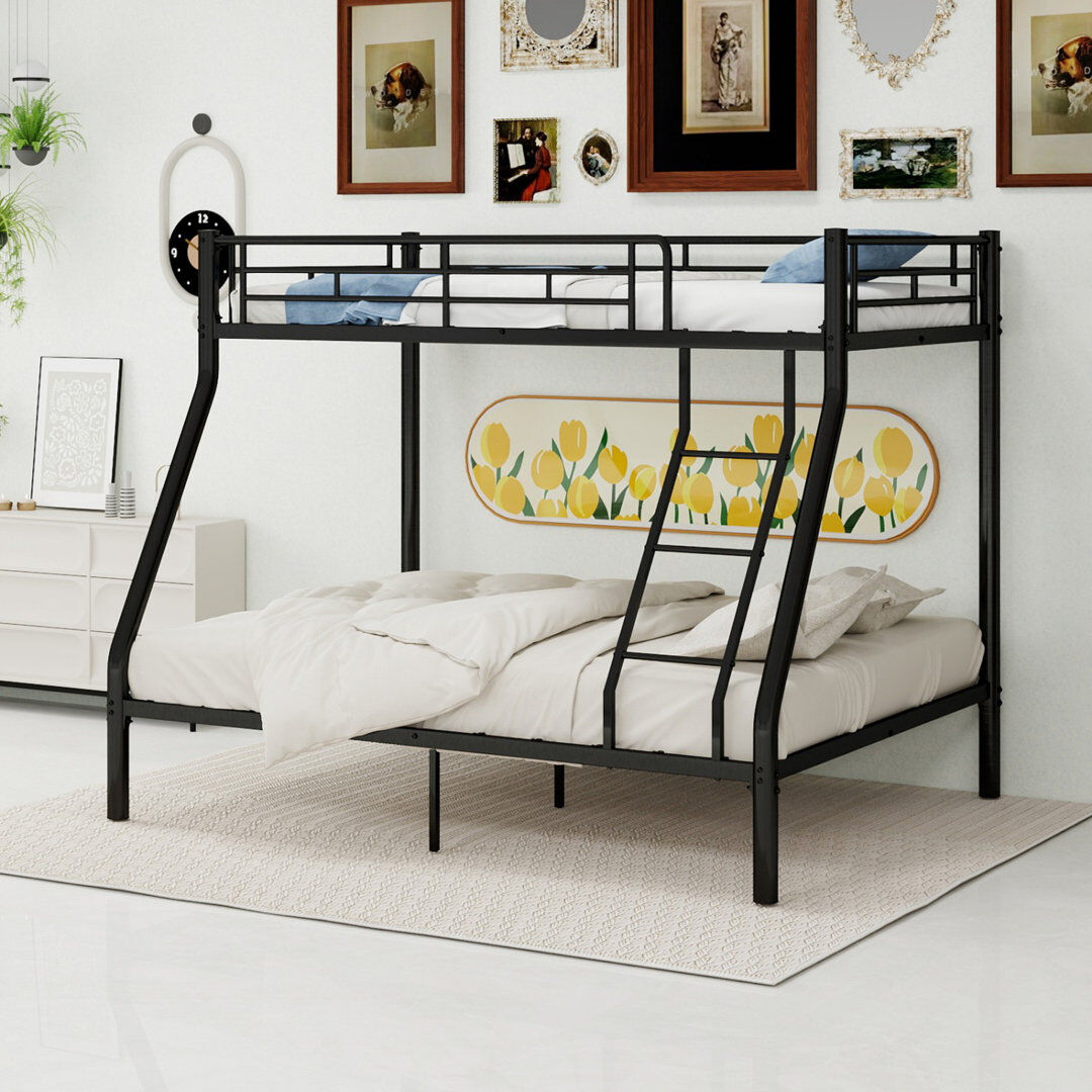Canora Grey Metal Bunk Bed With Ladder & Safety Guardrails, 90x190cm Mattress, High Load Capacity For Adults, Space-saving For Shared Room Black 160cm H X 141cm W X 196.7cm L