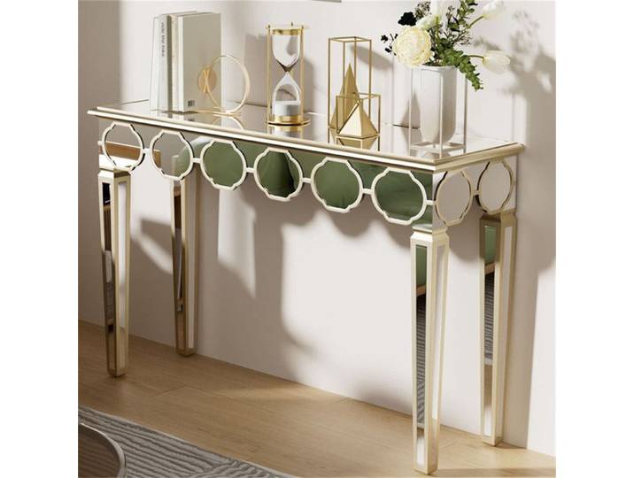 Table Console Dorée d'Entrée en Verre - 120x35x76cm Console Meuble Salon en Verre Argenté - pour Couloir Entrée Salon Hôtel