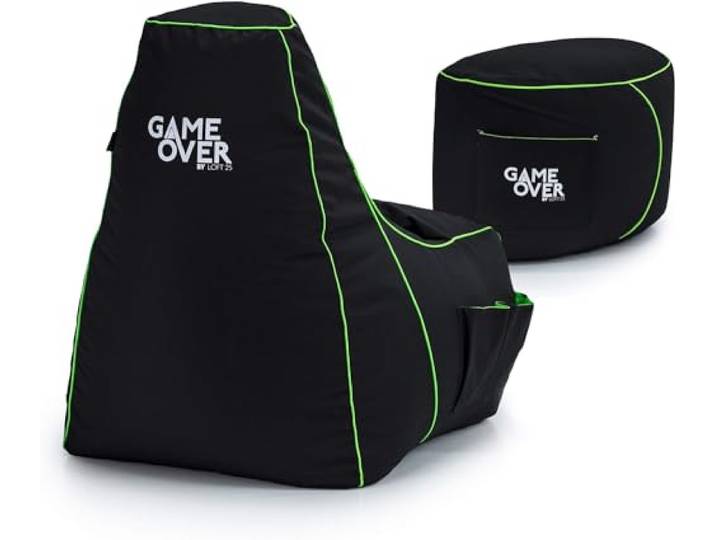 Game Over Video Gaming Sitzsack Spielen Stuhl und Fußhocker Drinnen Draußen Wasserbeständig Bean Bag Seitentaschen für Controller Headset Halter Ergonomisches Design (Magischer Smaragd)