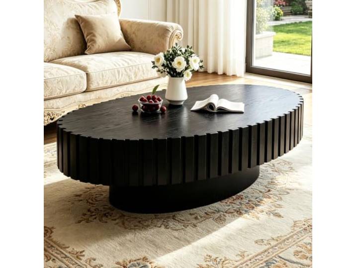 YYZIWYUN Runder Couchtisch Aus Holz Mit Geriffelter Säule Runder Beistelltisch Mit Geriffeltem Design Mit Stabilem Säulenfuß Ideal Für Wohnzimmer Und Kleine Apartments; Einfache Montage,43.3 Black