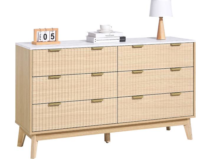 Commode VEVOR avec 6 tiroirs encastrés et protection contre le glissement et le basculement\, (399 x 1372 x 813 mm) pour le salon chambre couloir (bois clair)