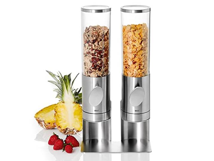 AdHoc Deposito 2er Cerealienspender Set mit Ständer aus Edelstahl Für Müsli, Cornflakes, Reis und Nüsse, mit Aromaschutzkappe und krümelfreier Portionierung
