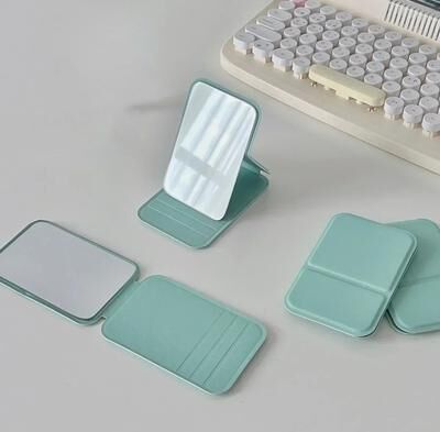 Uplifted Finds Solid Color Foldable PU Leather Makeup Mirror Portable Handheld Compact Cosmetic Mirror green
