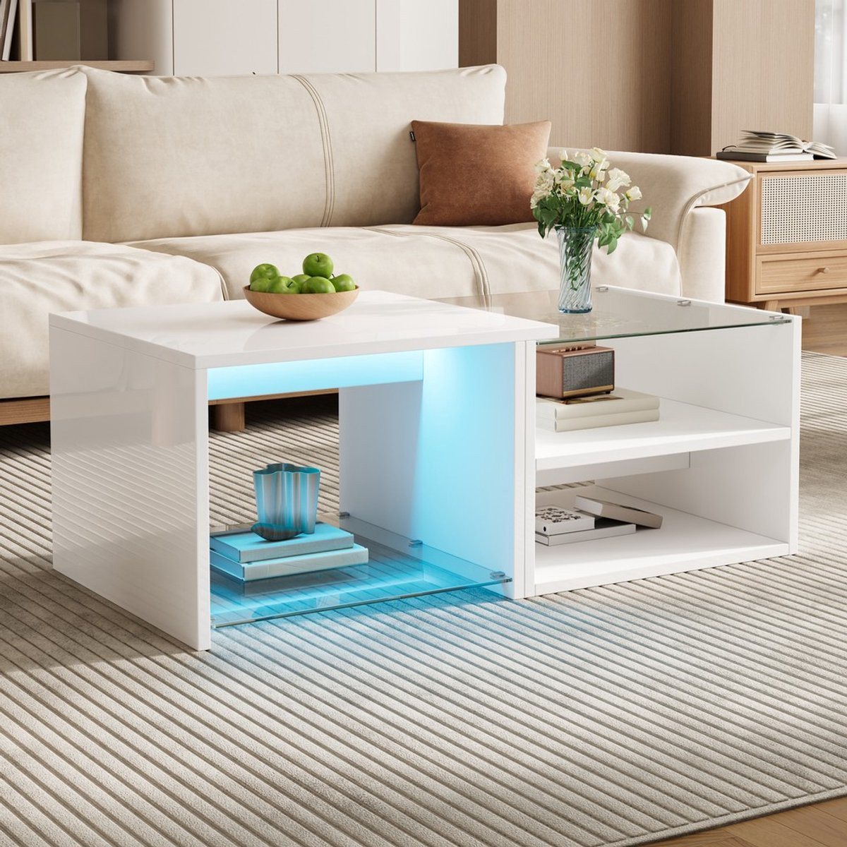 Pugsdrly Salontafel met getrapte glazen plaat, app-gestuurde LED-verlichting en open vakken, hoogglans