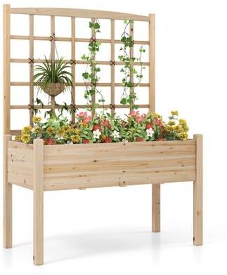 Costway Raised Garden Bed with Lattice Trellis and Drainage Holes Elevated-Natural