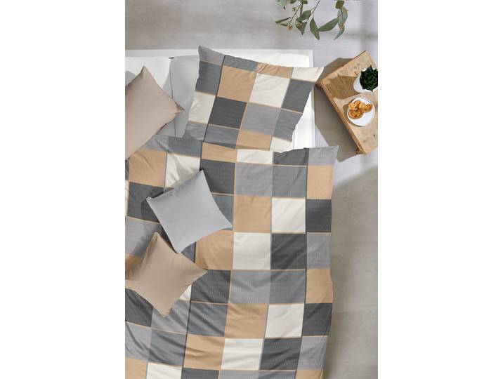 Housse de couette Fin Biber Carreau 155 x 220 cm + oreiller 80 x 80 cm Marron/Gris/Gris