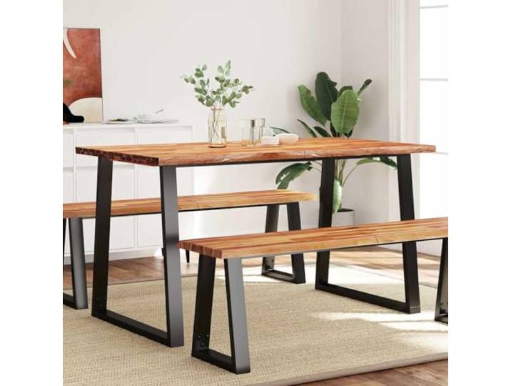 HEFZGDB Esstisch Baumkante 140x80x75 cm aus Akazien-Massivholz mit stabilen U-Beinen für Esszimmer und Küche, Naturmaterial robuste Tischplatte und industrielles Design.