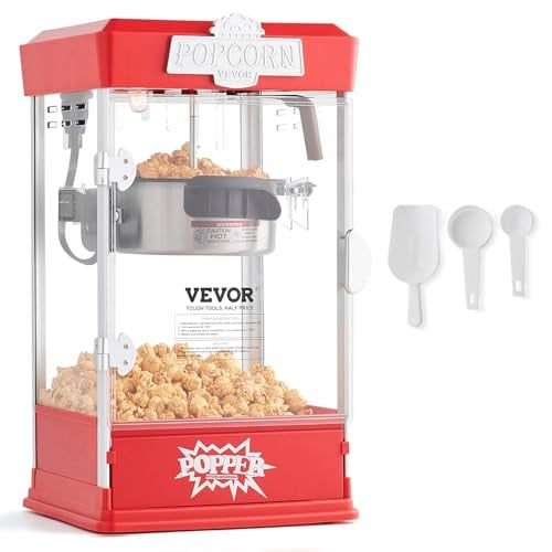 VEVOR Popcornmachine 480W in het rood met glazen kap en 3 scheppen voor bioscoopstijl popcorn