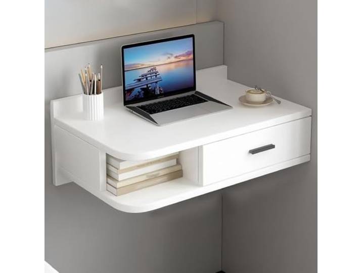 Labasuan Moderner schwebender Nachttisch, Wandtisch mit offenen Regalen und Schublade, platzsparender Schminktisch mit Wandregalen fürs Schlafzimmer(A- Right,60cm)
