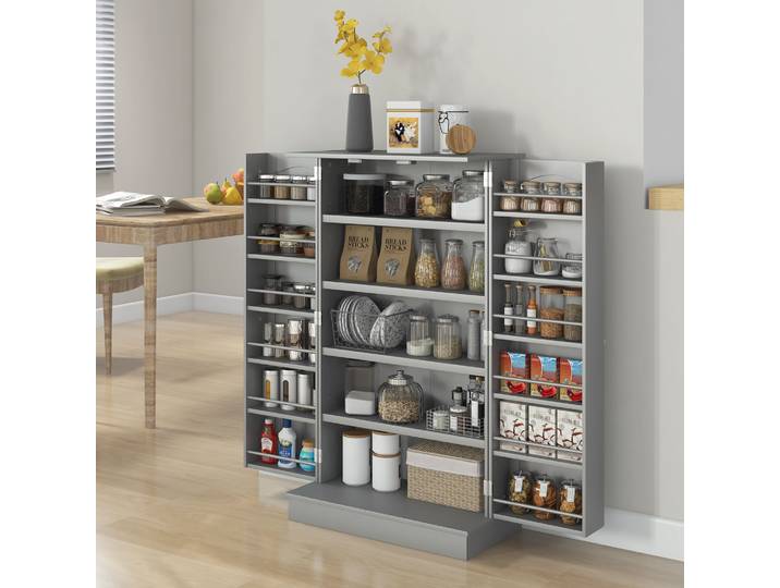 HOMCOM Armoire Cuisine 2 Portes 5 Étagères Gris 60x30x104cm