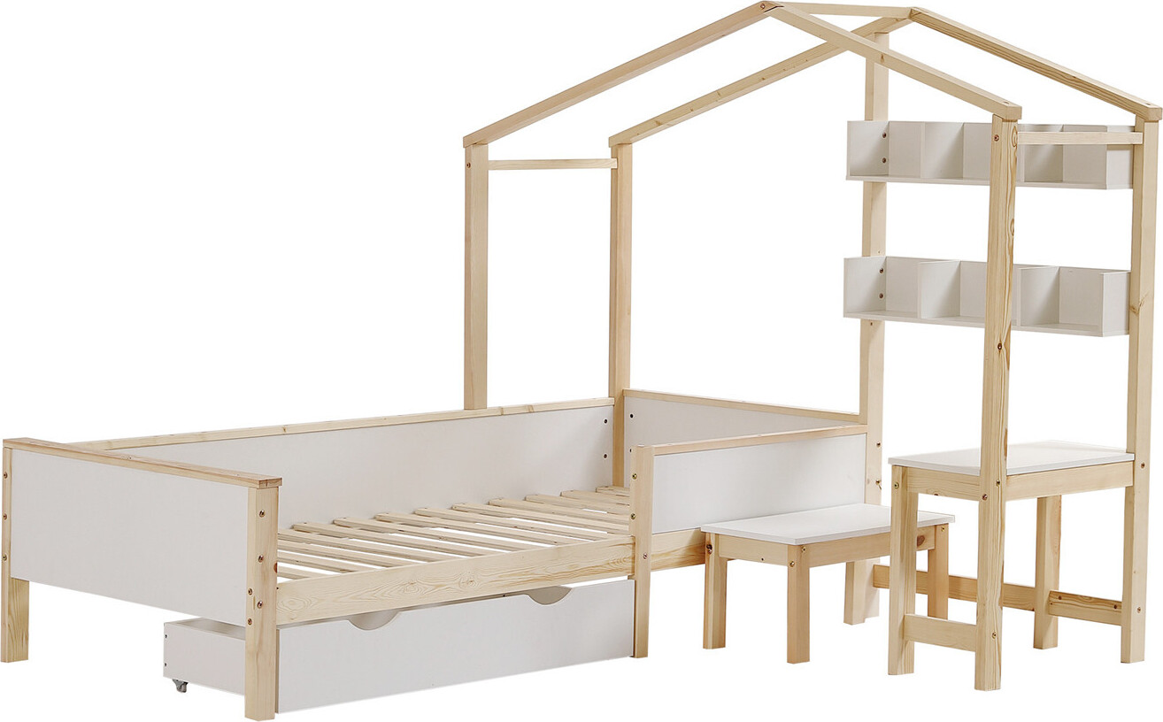Kinderbett Hausbett mit Schubladen,Regalen,Tisch und Hocker,Massivholz mit Schutzplatte und Lattenroste, L-Struktur,Kiefer+MDF+Mehrschichtplatte
