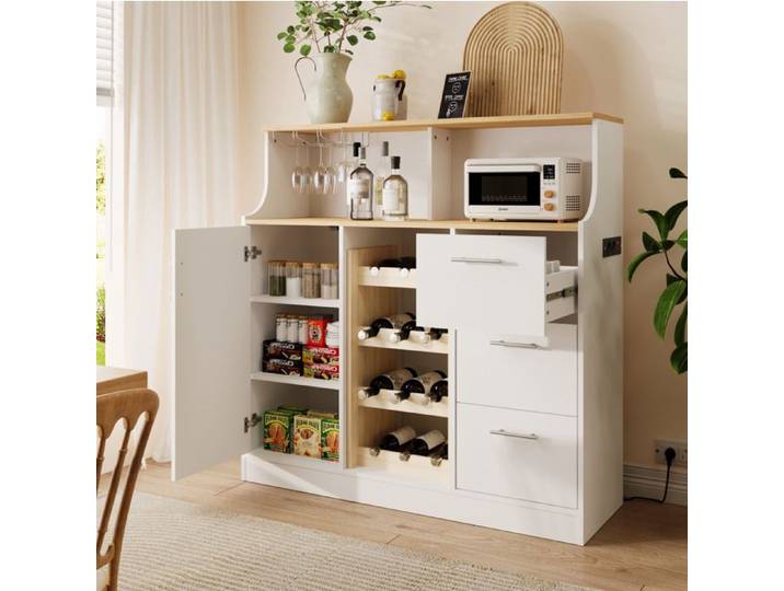 Buffet de cuisine meuble bar avec porte-verres range-bouteilles prise intégrée LED 120x40x121 cm Grjofek